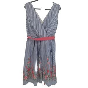Chetta B Blue & White Seersucker Dress with Pink Sash and Floral design 14